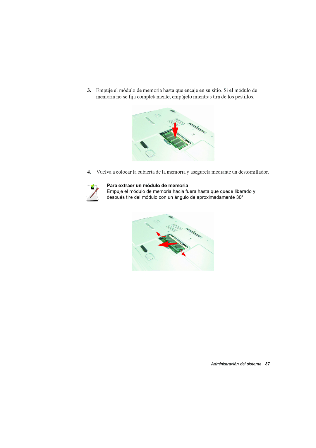 Samsung NP35RP05S4/SES, NP35PRT001/SEP, NP35PRC000/SES manual Para extraer un módulo de memoria 