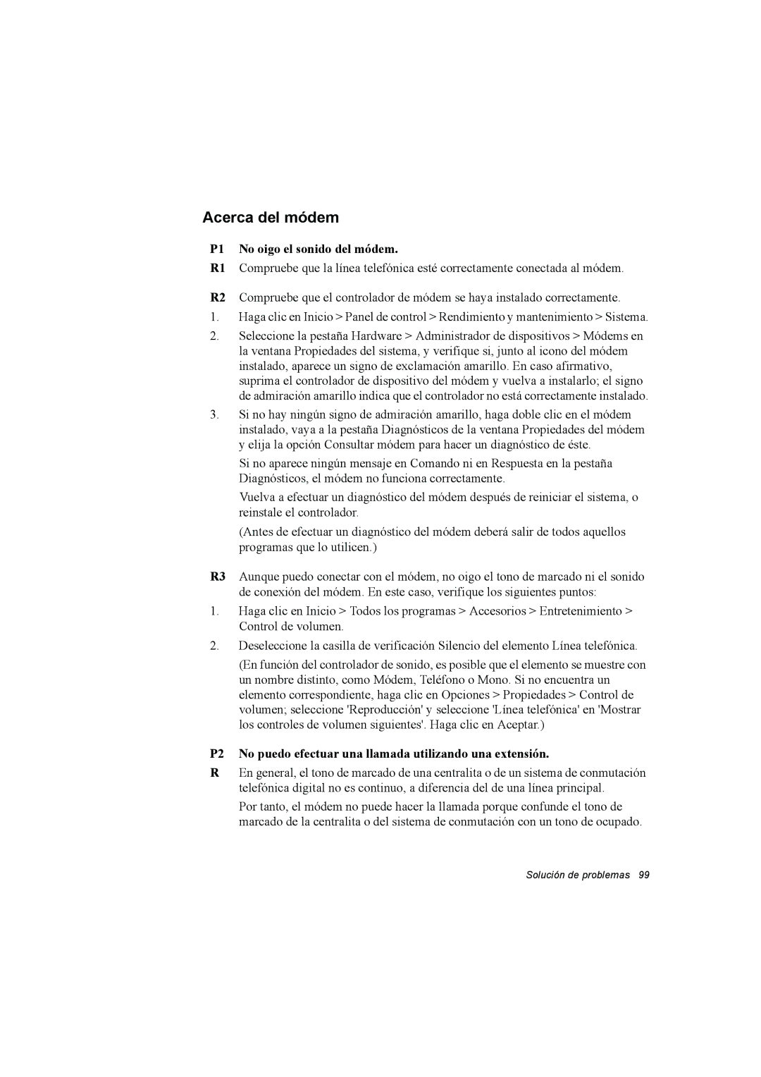 Samsung NP35RP05S4/SES, NP35PRT001/SEP, NP35PRC000/SES manual Acerca del módem, P1 No oigo el sonido del módem 