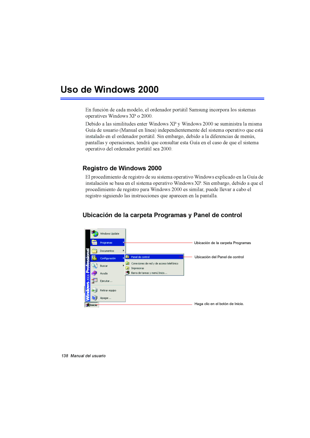 Samsung NP35RP05S4/SES manual Uso de Windows, Registro de Windows, Ubicación de la carpeta Programas y Panel de control 