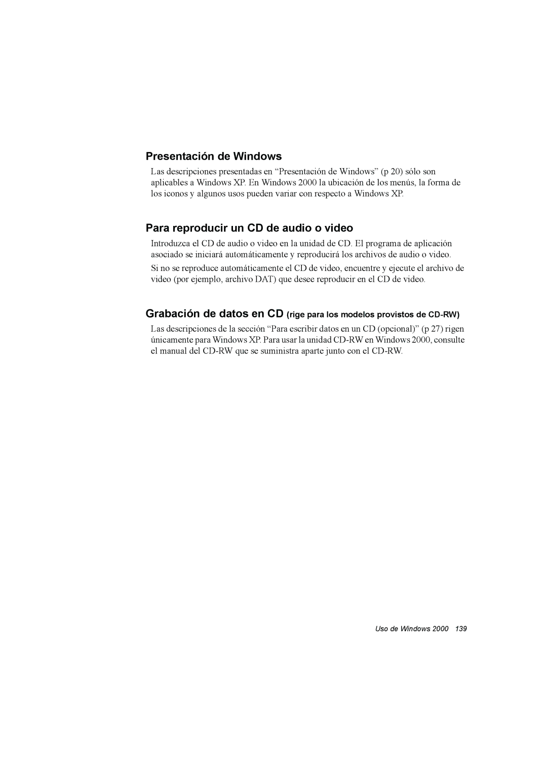 Samsung NP35PRC000/SES, NP35PRT001/SEP, NP35RP05S4/SES manual Presentación de Windows, Para reproducir un CD de audio o video 