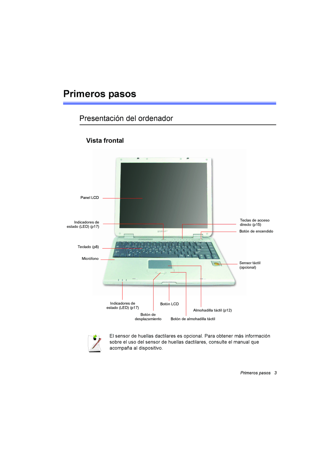 Samsung NP35RP05S4/SES, NP35PRT001/SEP, NP35PRC000/SES manual Primeros pasos, Presentación del ordenador, Vista frontal 