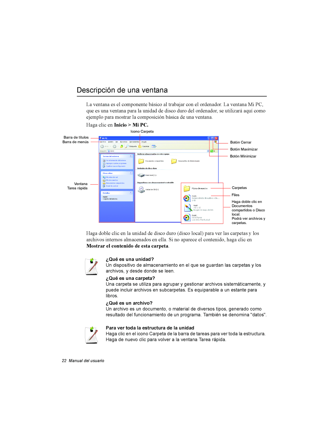 Samsung NP35PRC000/SES, NP35PRT001/SEP, NP35RP05S4/SES manual Descripción de una ventana, Haga clic en Inicio Mi PC 