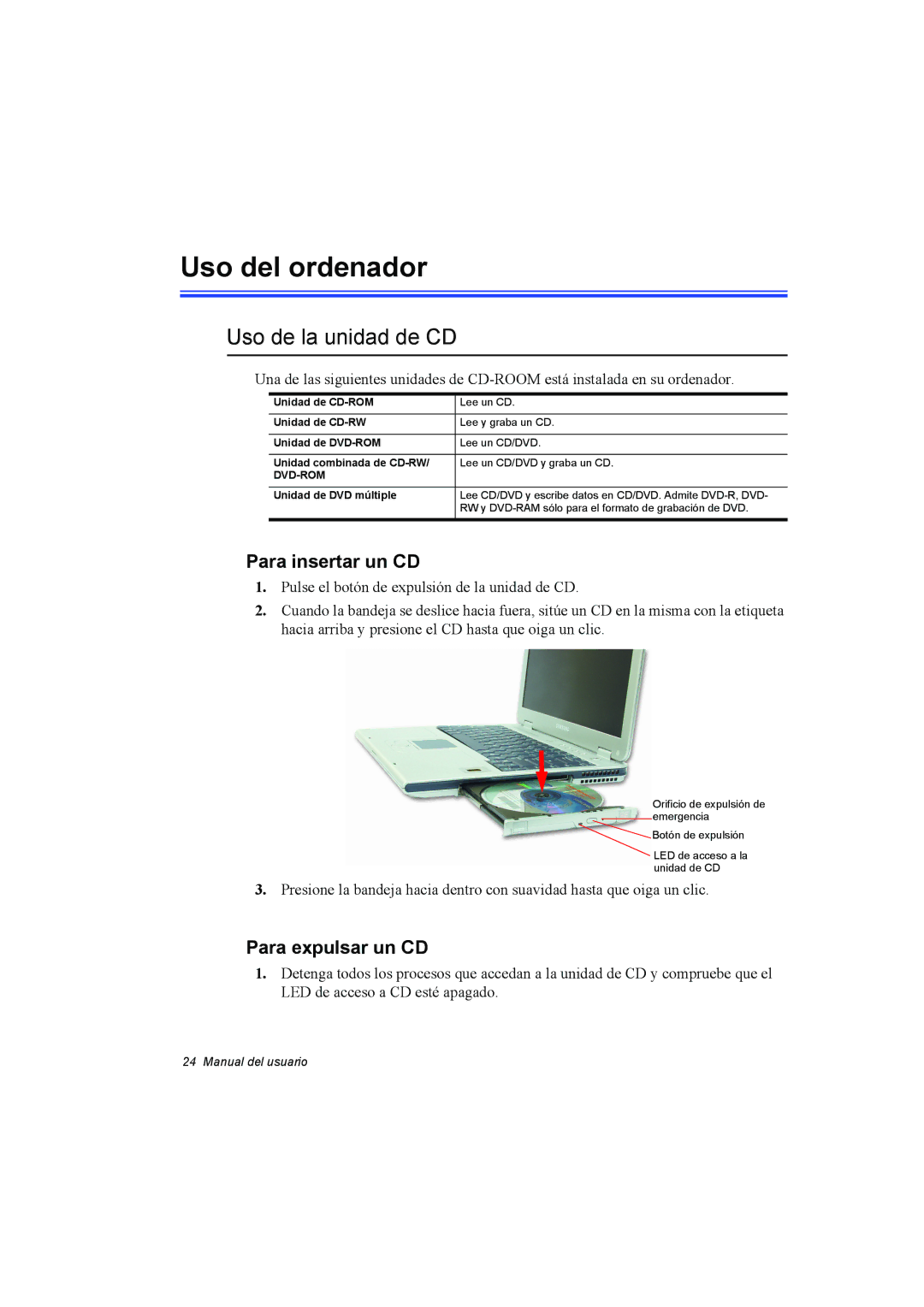 Samsung NP35RP05S4/SES, NP35PRT001/SEP Uso del ordenador, Uso de la unidad de CD, Para insertar un CD, Para expulsar un CD 