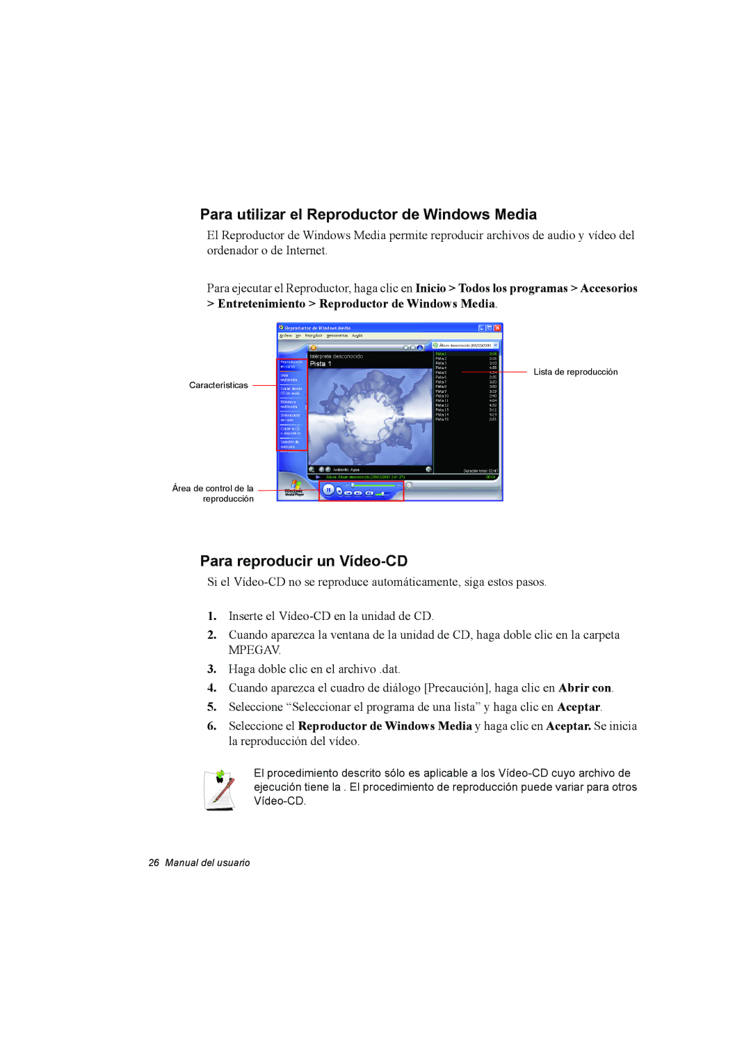 Samsung NP35PRT001/SEP, NP35RP05S4/SES manual Para utilizar el Reproductor de Windows Media, Para reproducir un Vídeo-CD 