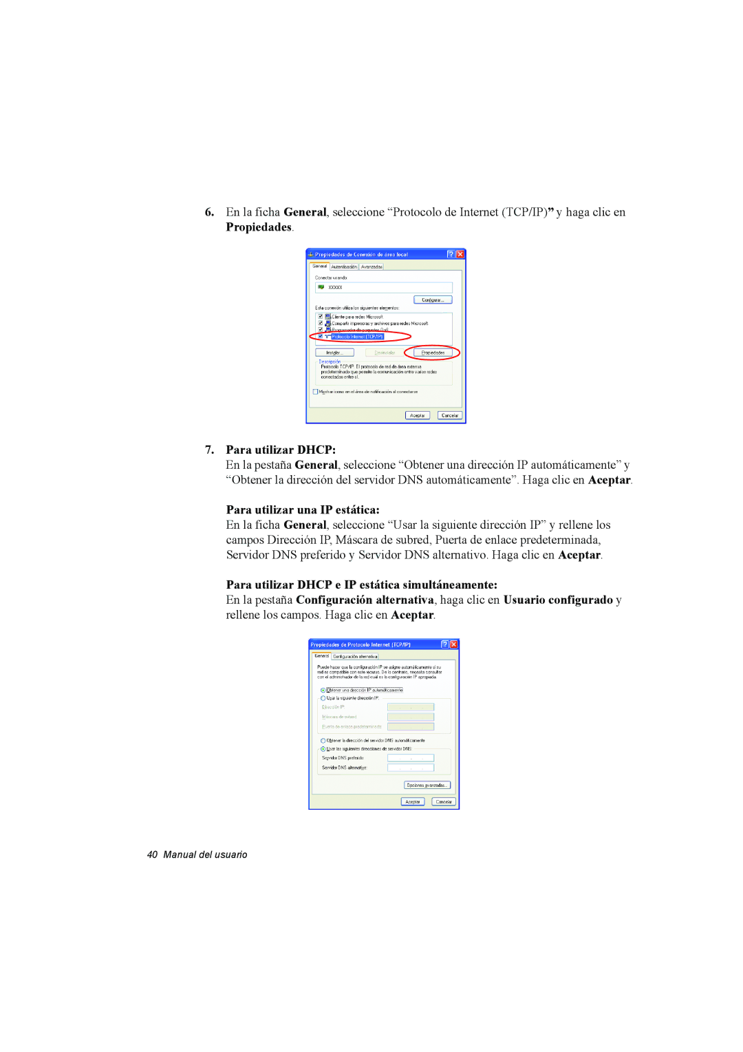 Samsung NP35PRC000/SES, NP35PRT001/SEP, NP35RP05S4/SES manual Para utilizar Dhcp, Para utilizar una IP estática 