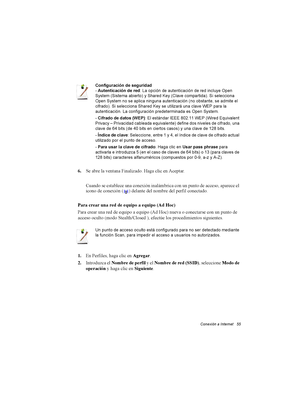 Samsung NP35PRC000/SES, NP35PRT001/SEP manual Para crear una red de equipo a equipo Ad Hoc, Configuración de seguridad 