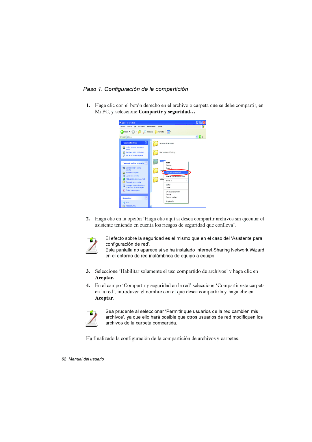 Samsung NP35PRT001/SEP, NP35RP05S4/SES, NP35PRC000/SES manual Paso 1. Configuración de la compartición, Aceptar 