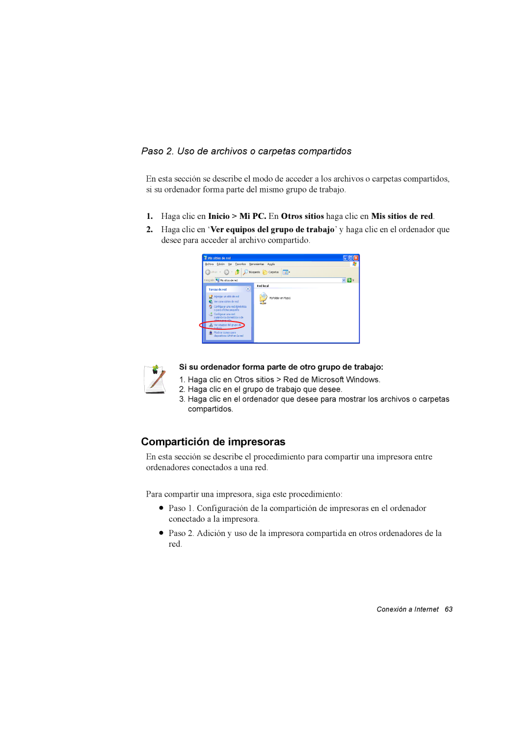 Samsung NP35RP05S4/SES, NP35PRT001/SEP manual Compartición de impresoras, Paso 2. Uso de archivos o carpetas compartidos 