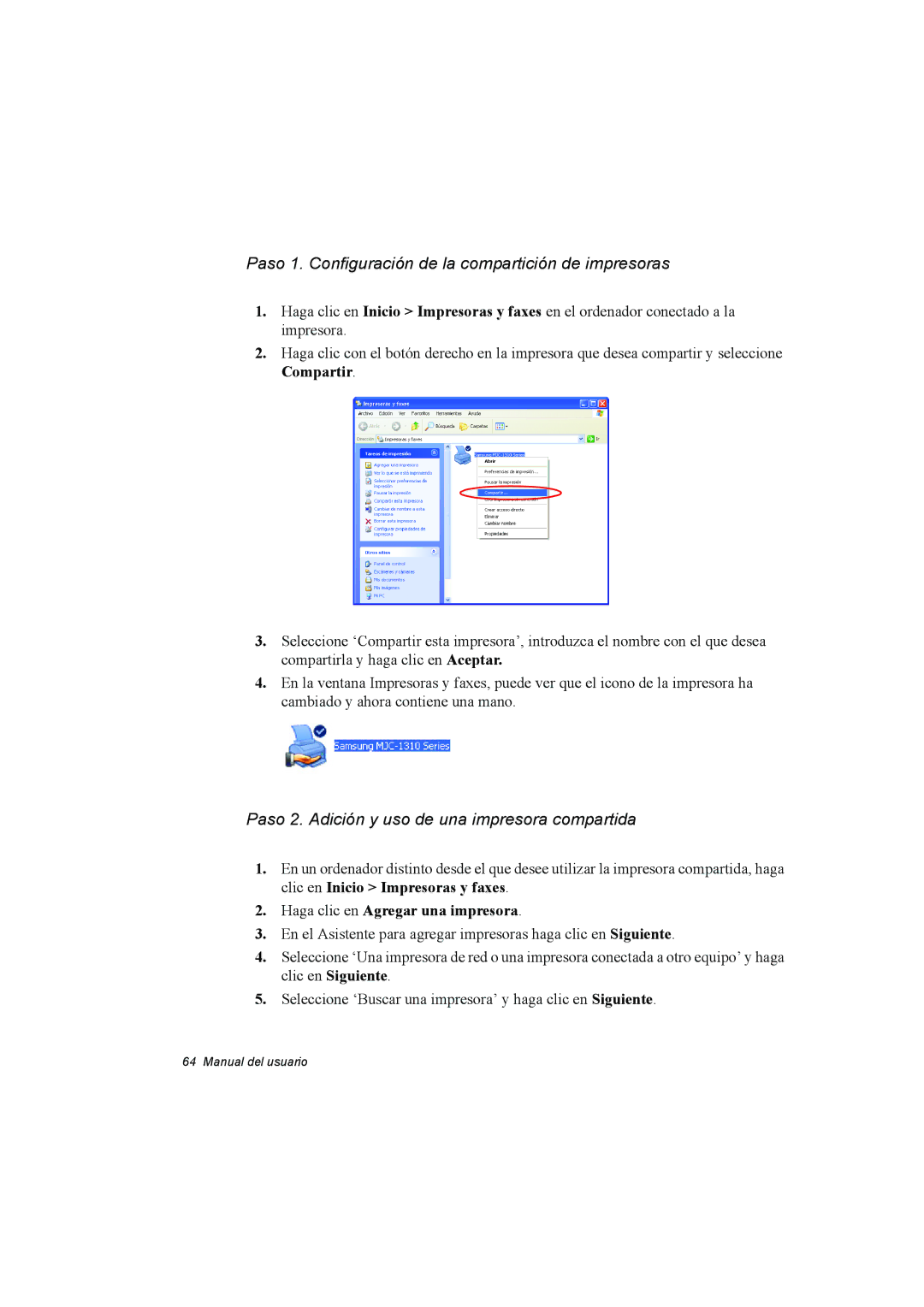 Samsung NP35PRC000/SES manual Paso 1. Configuración de la compartición de impresoras, Haga clic en Agregar una impresora 