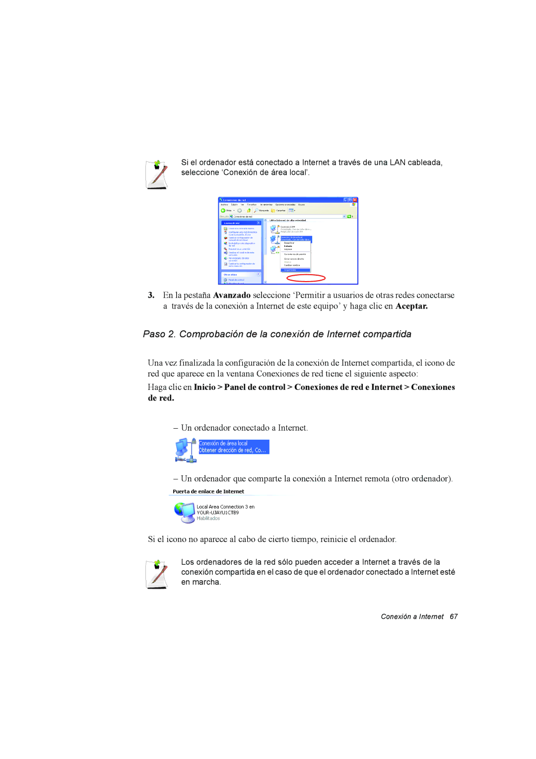 Samsung NP35PRC000/SES, NP35PRT001/SEP, NP35RP05S4/SES manual Paso 2. Comprobación de la conexión de Internet compartida 