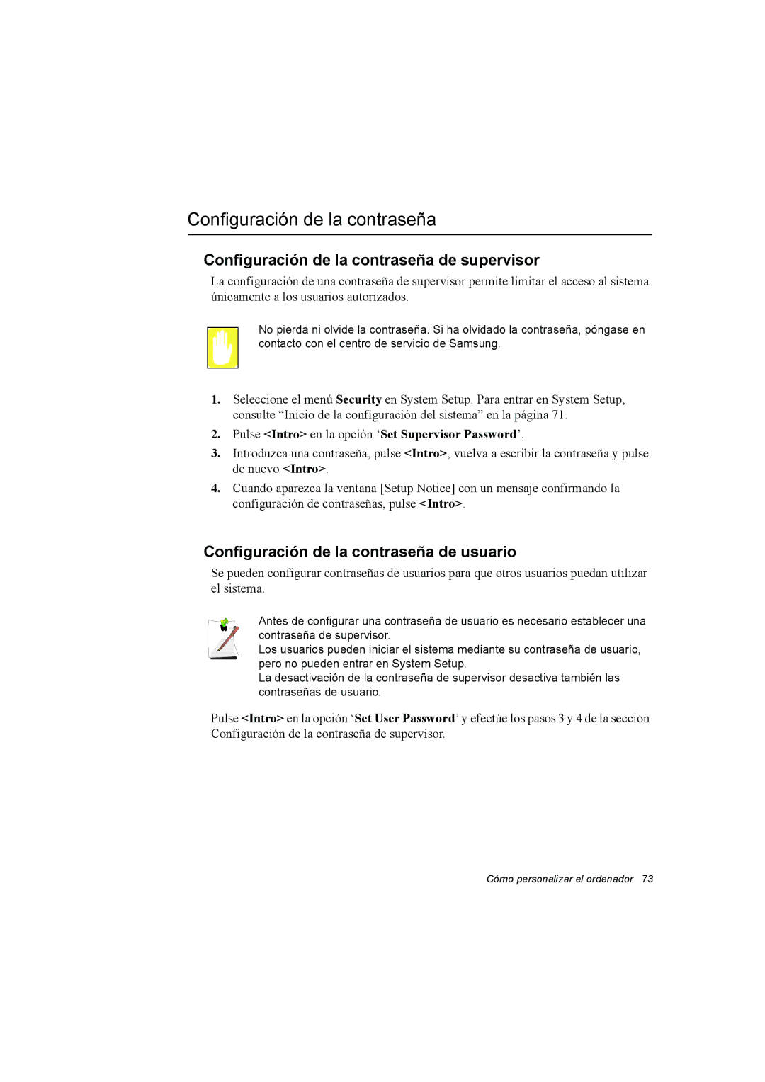 Samsung NP35PRC000/SES manual Configuración de la contraseña de supervisor, Configuración de la contraseña de usuario 