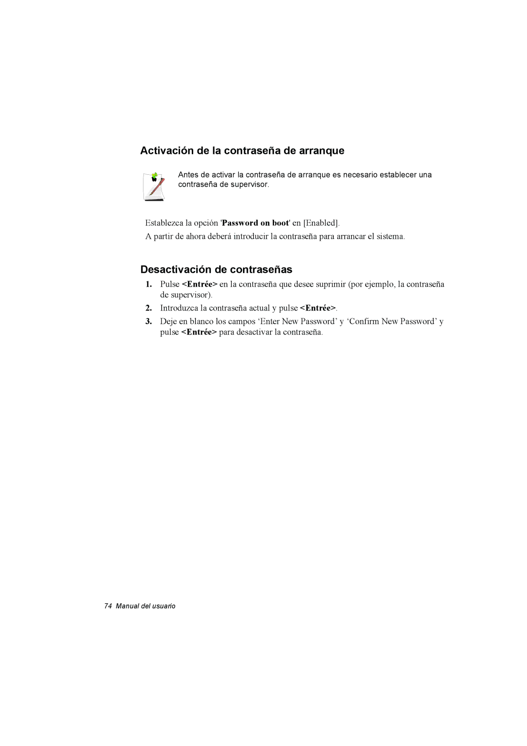 Samsung NP35PRT001/SEP, NP35RP05S4/SES manual Activación de la contraseña de arranque, Desactivación de contraseñas 