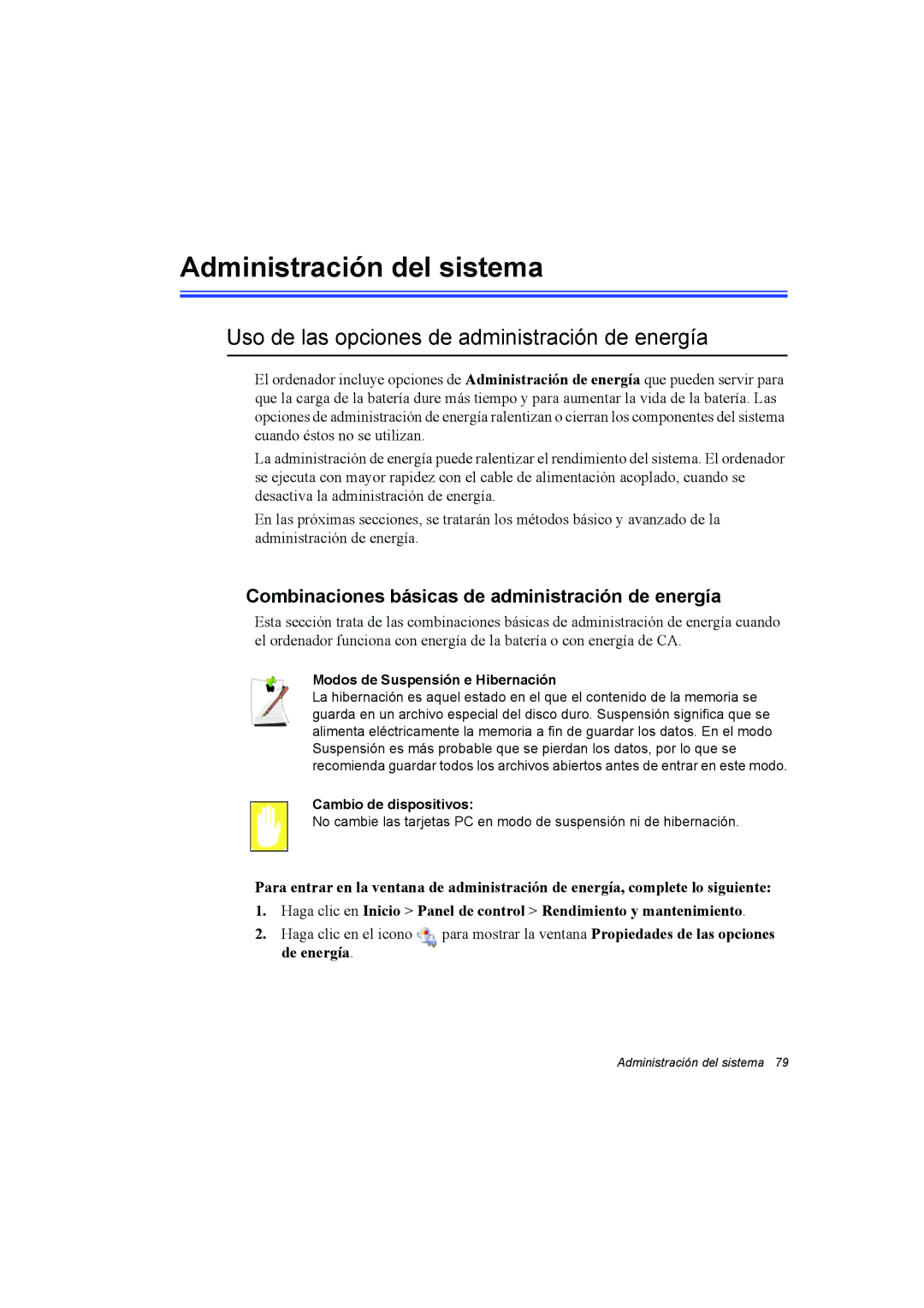 Samsung NP35PRC000/SES, NP35PRT001/SEP manual Administración del sistema, Uso de las opciones de administración de energía 