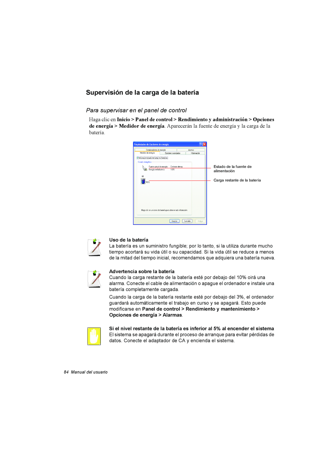 Samsung NP35RP05S4/SES Supervisión de la carga de la batería, Para supervisar en el panel de control, Uso de la batería 