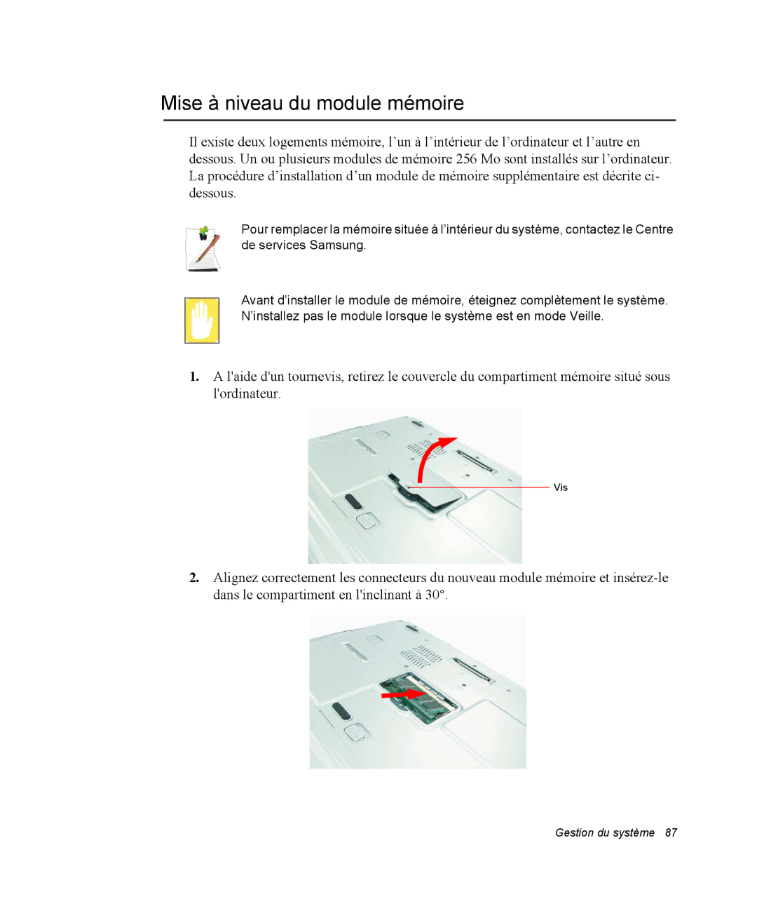 Samsung NP35TP0DUJ/SEF, NP35RP05S4/SEF, NP35PRT001/SEF, NP35PRT000/SEF, NP35TP0EV6/SEF manual Mise à niveau du module mémoire 