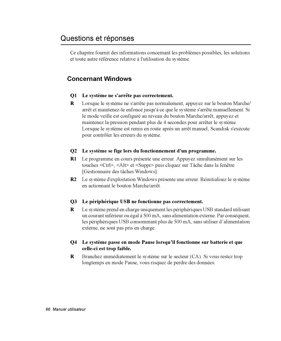 Samsung NP35TP0EV6/SEF manual Questions et réponses, Concernant Windows, Q1 Le système ne sarrête pas correctement 