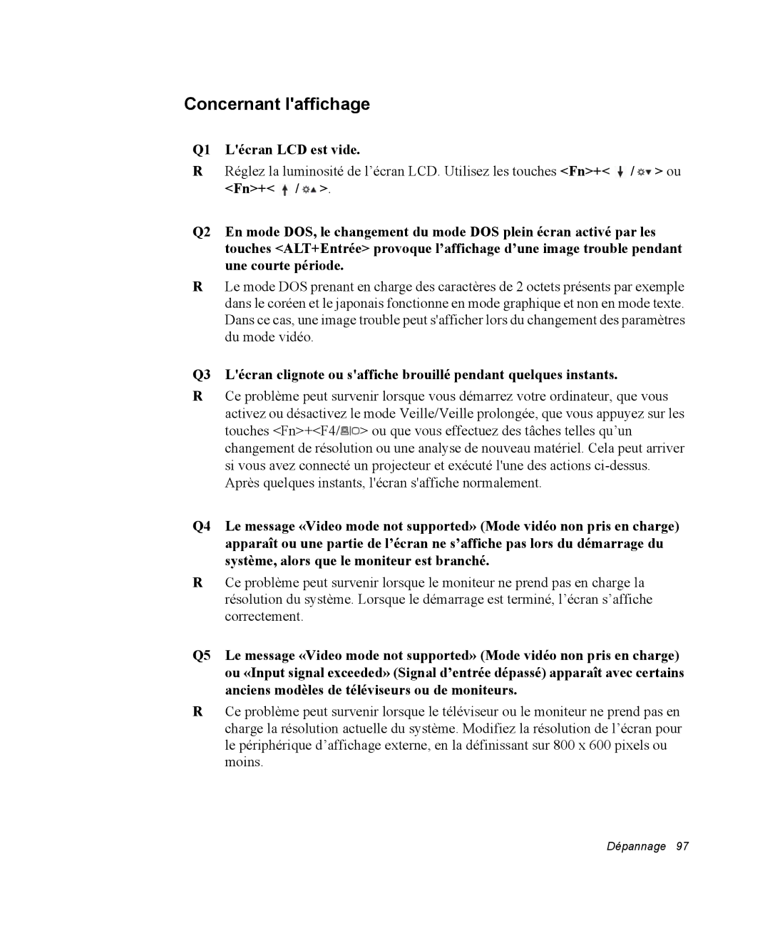 Samsung NP35TP0DUJ/SEF, NP35RP05S4/SEF, NP35PRT001/SEF, NP35PRT000/SEF manual Concernant laffichage, Q1 Lécran LCD est vide 