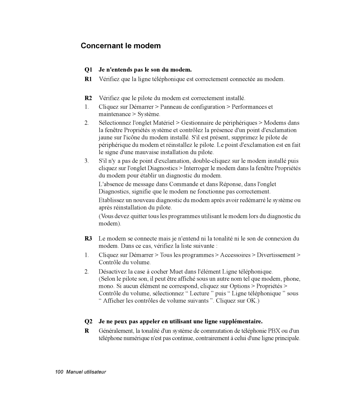 Samsung NP35PRT000/SEF, NP35TP0DUJ/SEF, NP35RP05S4/SEF manual Concernant le modem, Q1 Je nentends pas le son du modem 