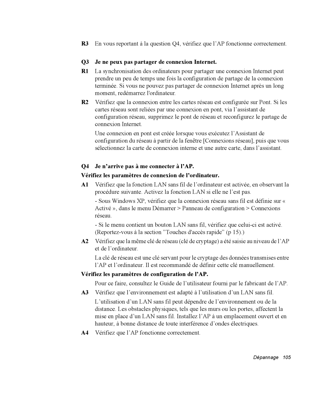 Samsung NP35PRT000/SEF Q3 Je ne peux pas partager de connexion Internet, Vérifiez les paramètres de configuration de l’AP 