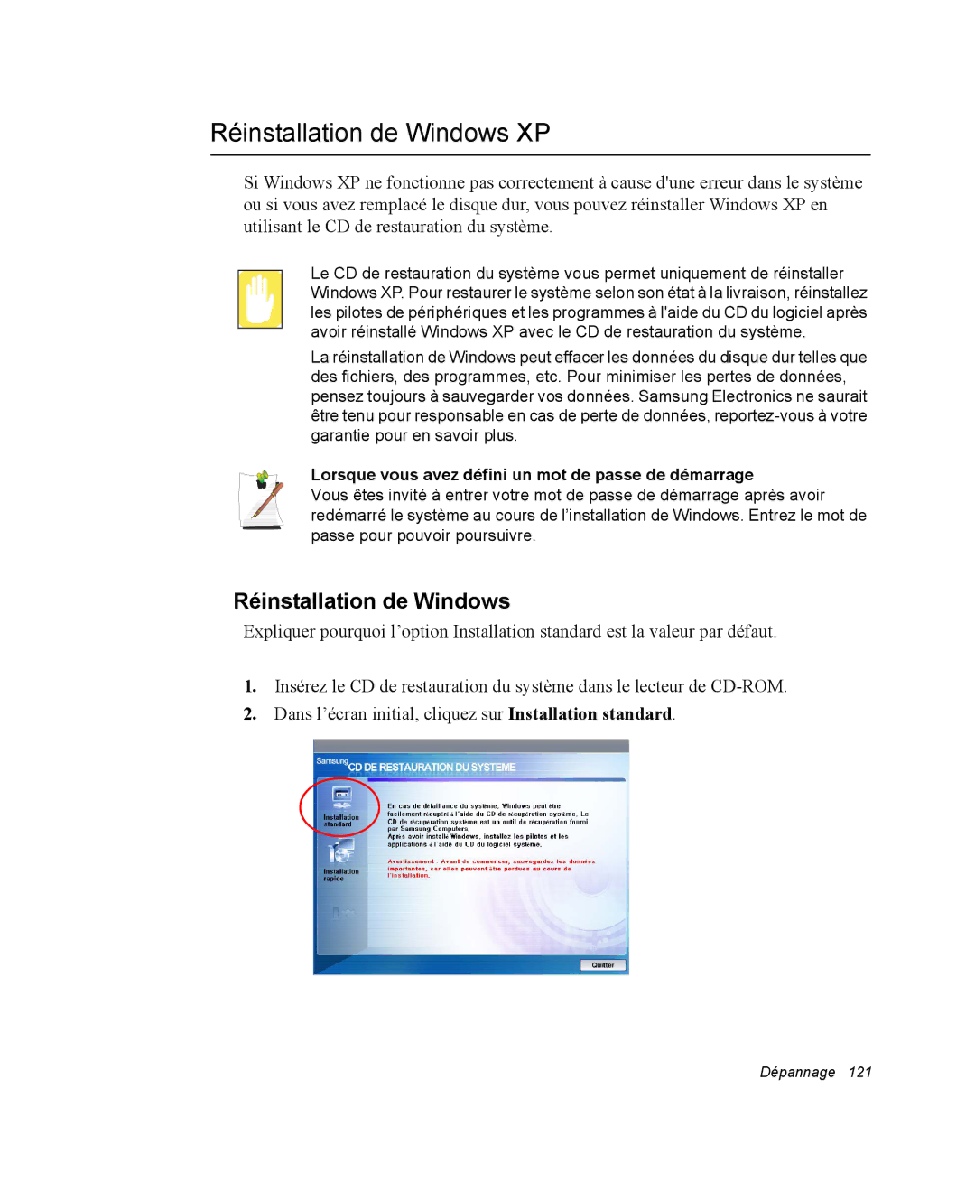 Samsung NP35TP0EV6/SEF, NP35TP0DUJ/SEF Réinstallation de Windows XP, Lorsque vous avez défini un mot de passe de démarrage 