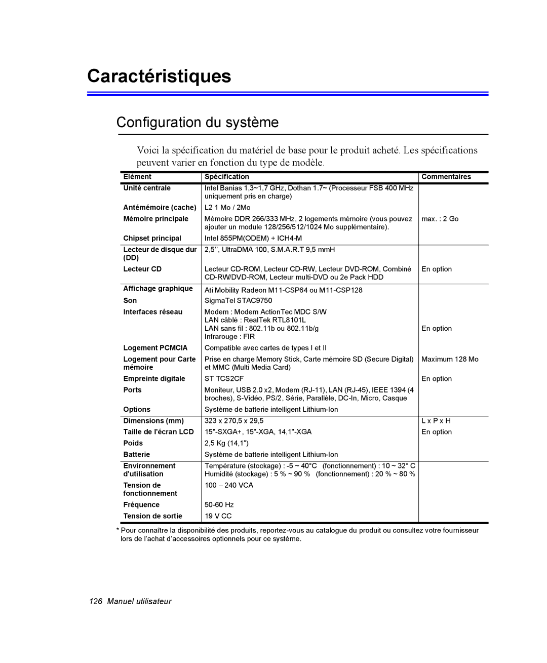 Samsung NP35TP0EV6/SEF, NP35TP0DUJ/SEF, NP35RP05S4/SEF, NP35PRT001/SEF manual Caractéristiques, Configuration du système 