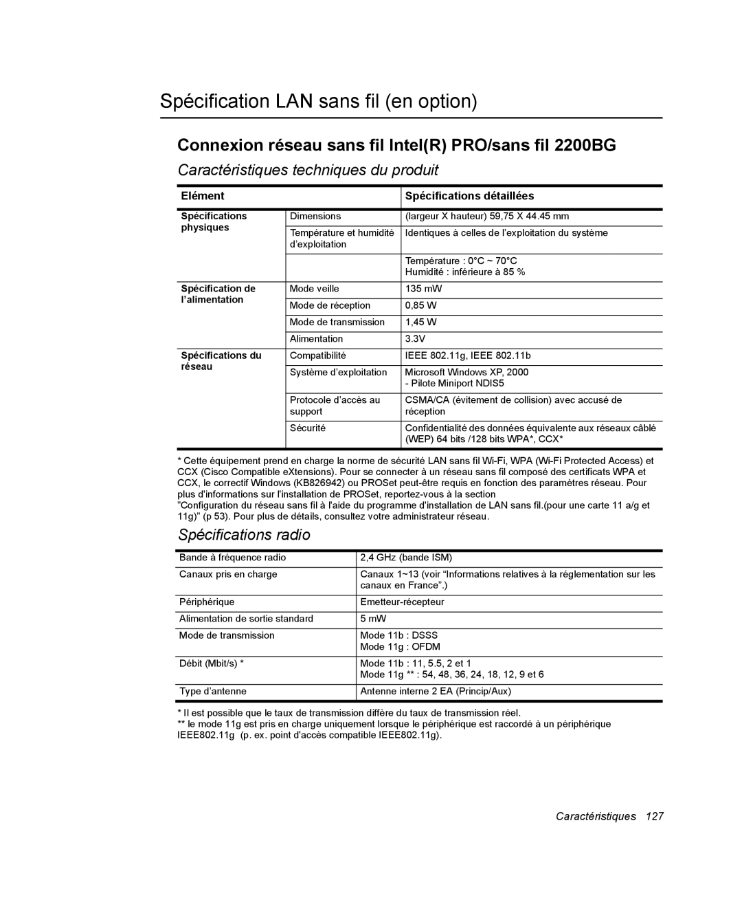 Samsung NP35TP0DUJ/SEF manual Spécification LAN sans fil en option, Connexion réseau sans fil IntelR PRO/sans fil 2200BG 