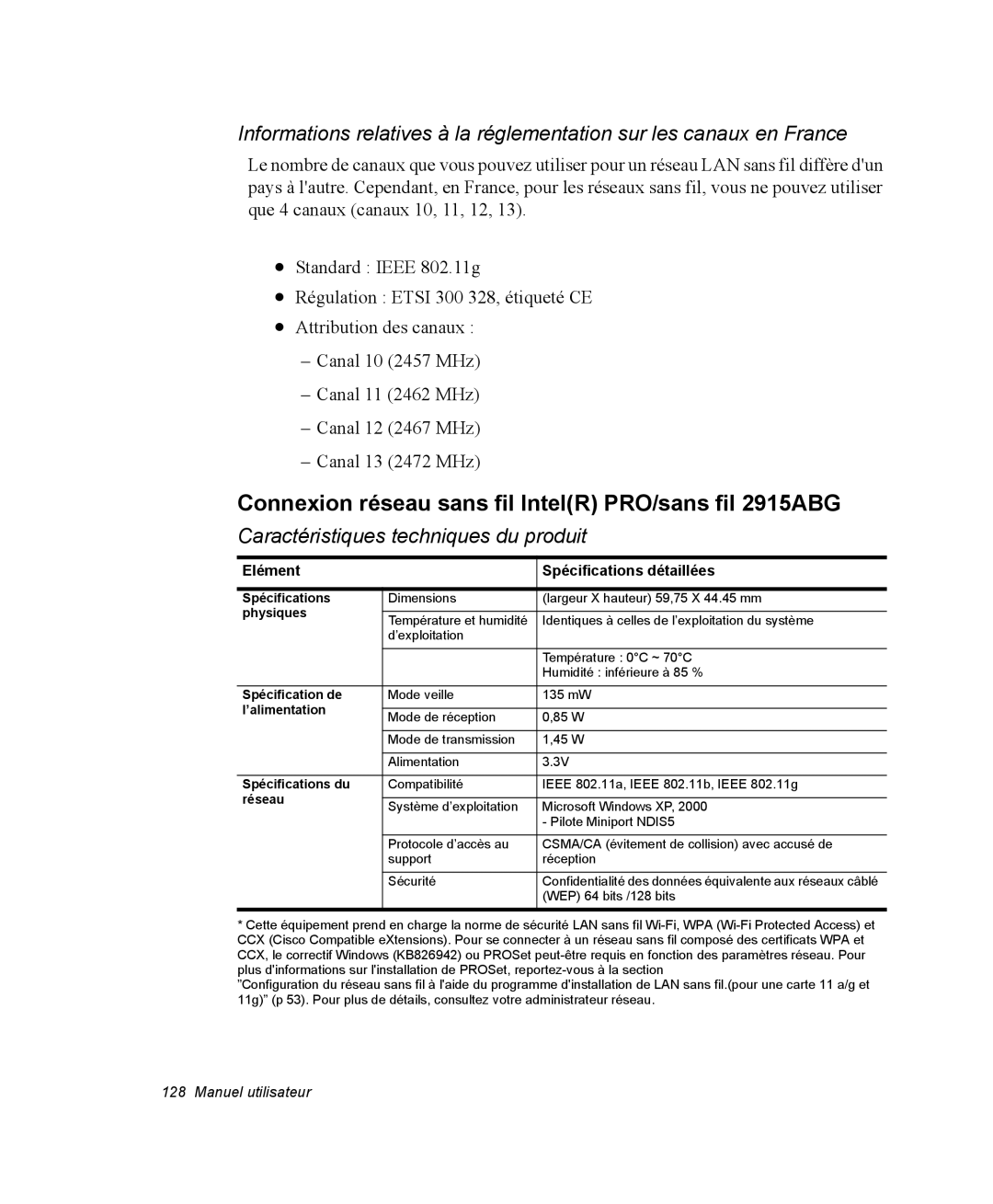 Samsung NP35RP05S4/SEF, NP35TP0DUJ/SEF, NP35PRT001/SEF, NP35PRT000/SEF Connexion réseau sans fil IntelR PRO/sans fil 2915ABG 