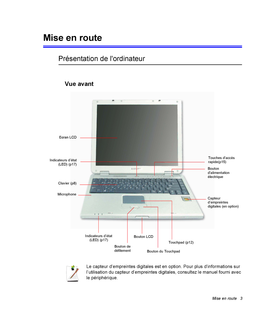 Samsung NP35RP05S4/SEF, NP35TP0DUJ/SEF, NP35PRT001/SEF Mise en route, Présentation de lordinateur, Vue avant, Ecran LCD 