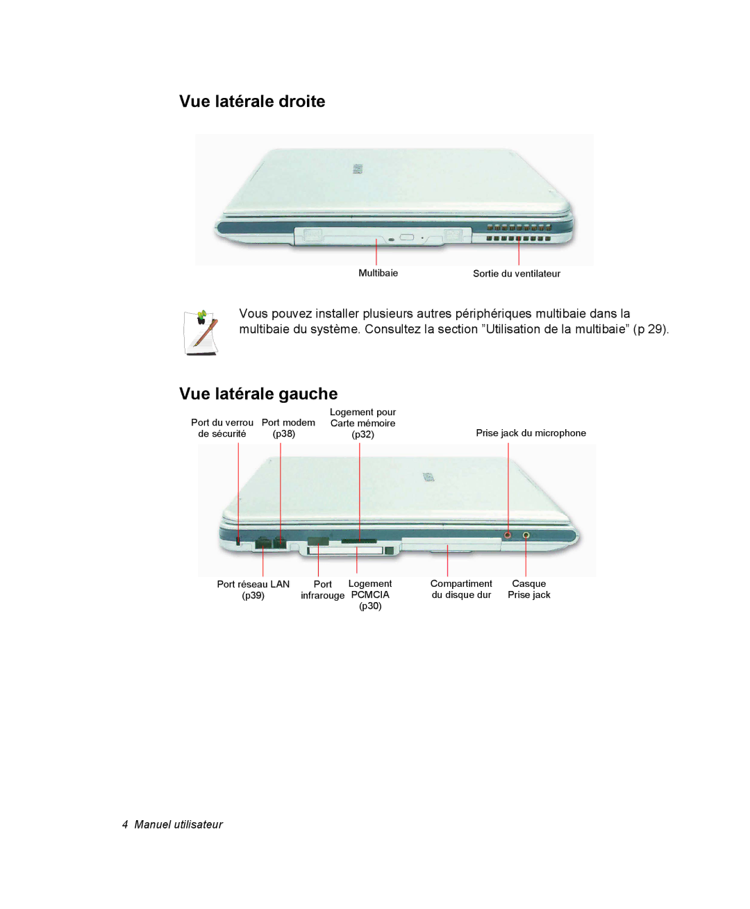 Samsung NP35PRT001/SEF, NP35TP0DUJ/SEF, NP35RP05S4/SEF, NP35PRT000/SEF manual Vue latérale droite, Vue latérale gauche 