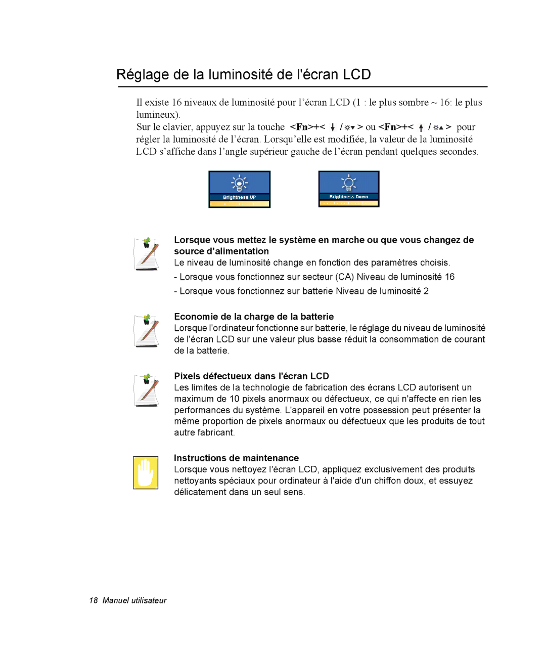 Samsung NP35RP05S4/SEF, NP35TP0DUJ/SEF manual Réglage de la luminosité de lécran LCD, Economie de la charge de la batterie 