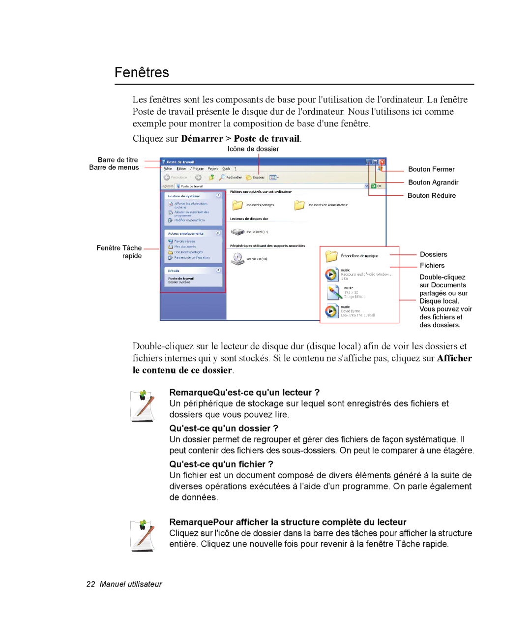 Samsung NP35TP0DUJ/SEF, NP35RP05S4/SEF, NP35PRT001/SEF, NP35PRT000/SEF manual Fenêtres, Cliquez sur Démarrer Poste de travail 