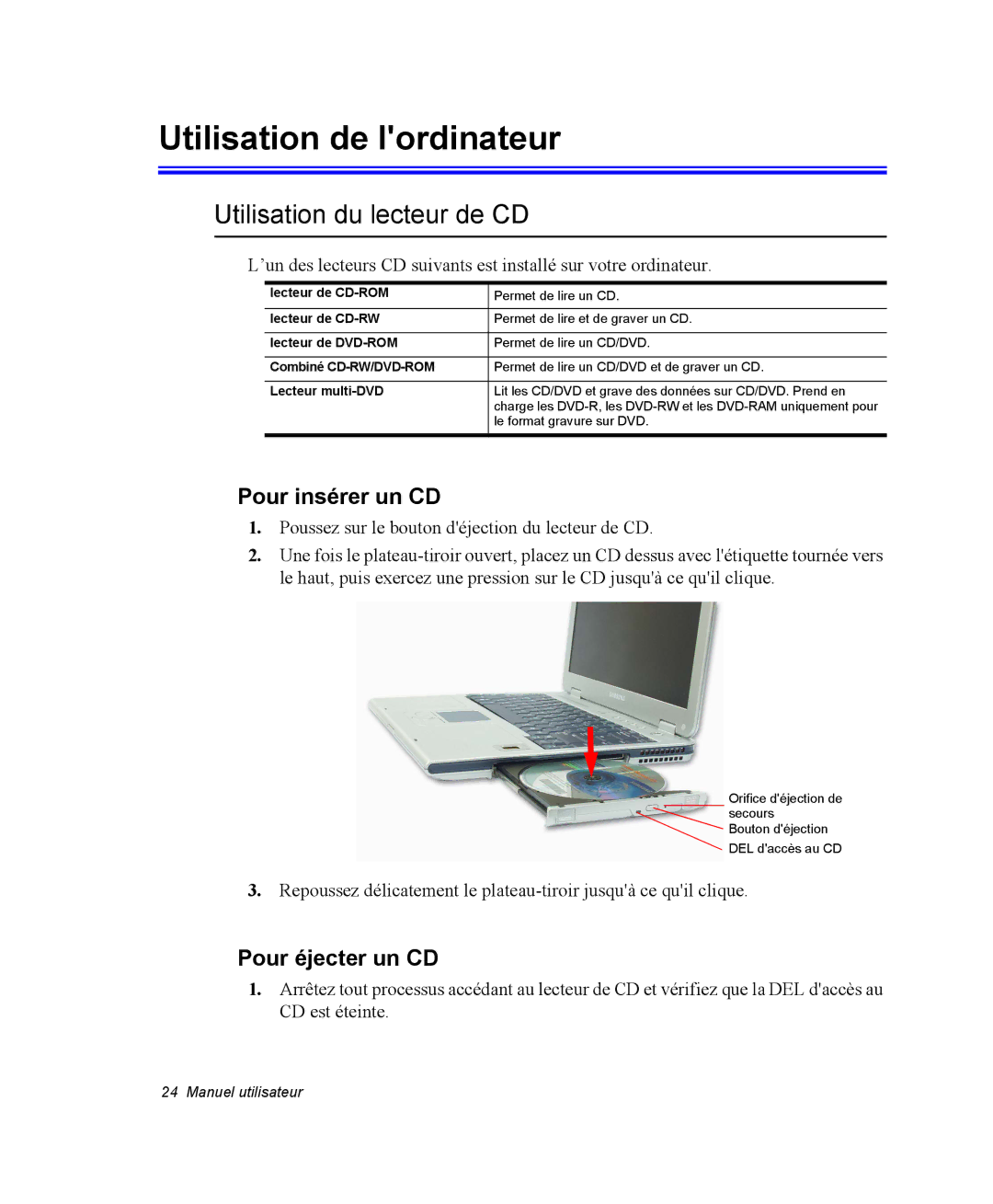 Samsung NP35PRT001/SEF Utilisation de lordinateur, Utilisation du lecteur de CD, Pour insérer un CD, Pour éjecter un CD 