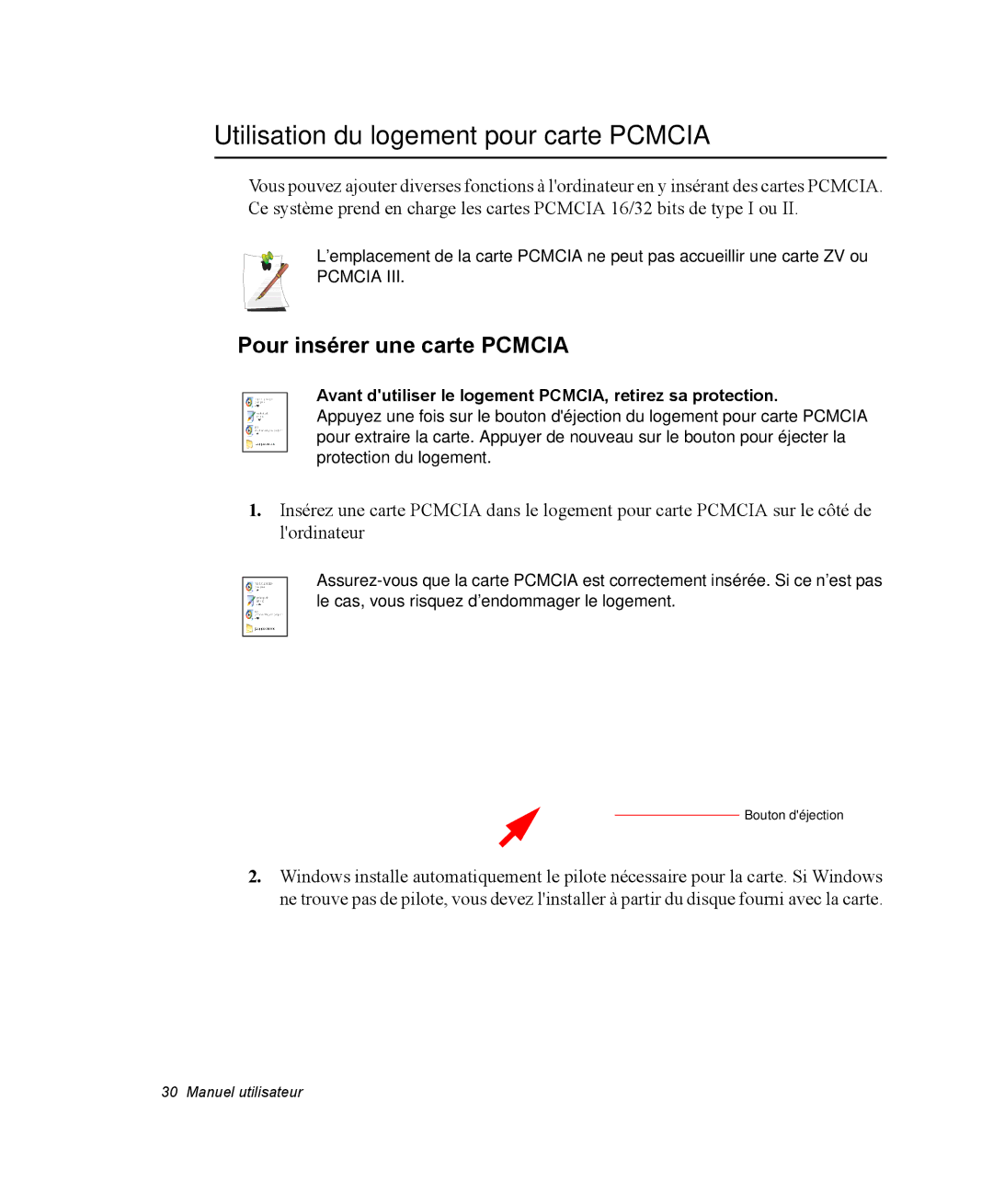 Samsung NP35PRT000/SEF, NP35TP0DUJ/SEF manual Utilisation du logement pour carte Pcmcia, Pour insérer une carte Pcmcia 