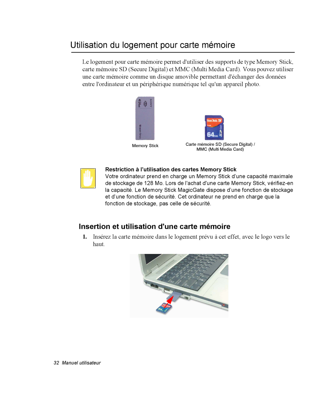 Samsung NP35TP0DUJ/SEF manual Utilisation du logement pour carte mémoire, Insertion et utilisation dune carte mémoire 