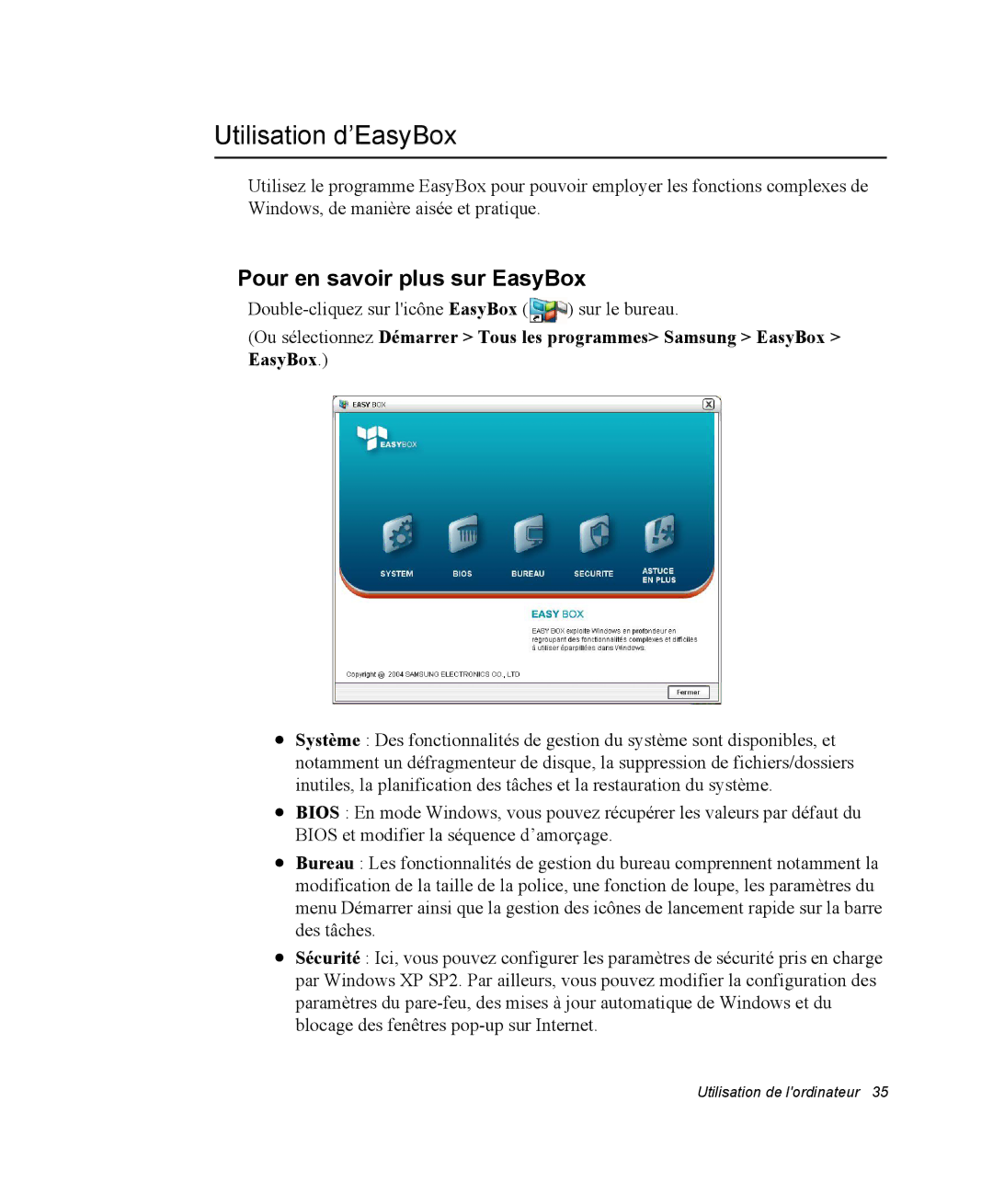 Samsung NP35PRT000/SEF, NP35TP0DUJ/SEF, NP35RP05S4/SEF manual Utilisation d’EasyBox, Pour en savoir plus sur EasyBox 