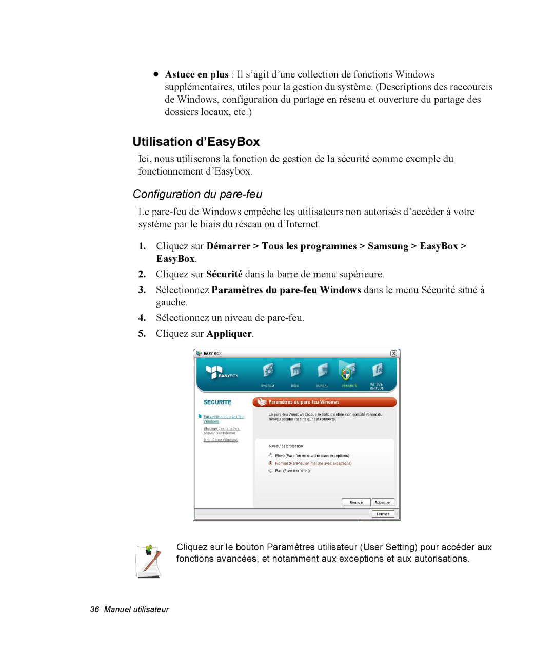 Samsung NP35TP0EV6/SEF, NP35TP0DUJ/SEF, NP35RP05S4/SEF, NP35PRT001/SEF manual Utilisation d’EasyBox, Configuration du pare-feu 