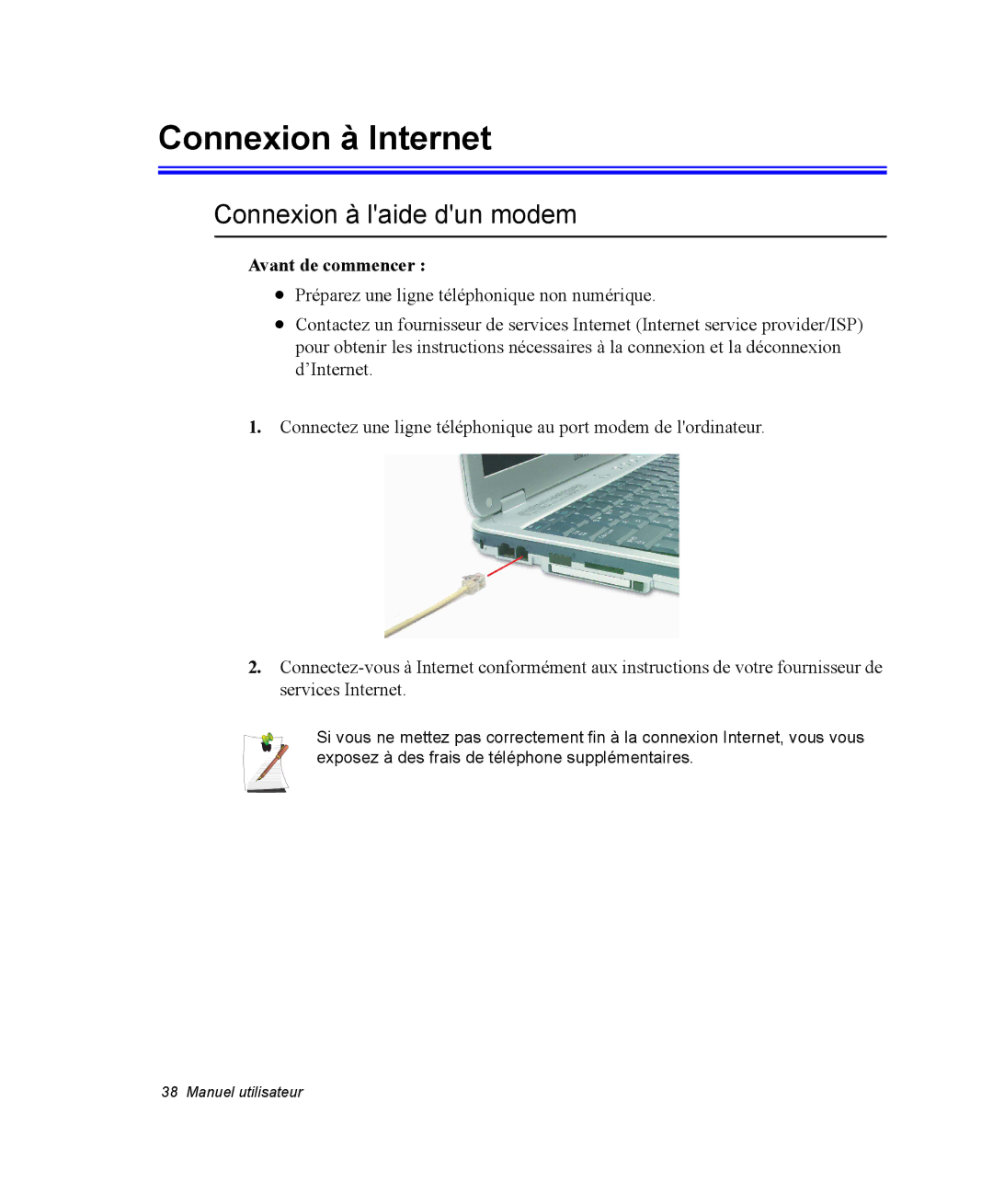 Samsung NP35RP05S4/SEF, NP35TP0DUJ/SEF manual Connexion à Internet, Connexion à laide dun modem, Avant de commencer 