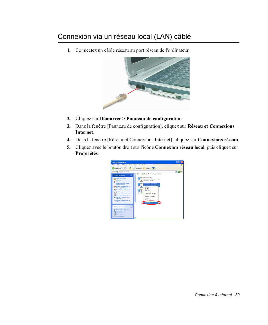 Samsung NP35PRT001/SEF manual Connexion via un réseau local LAN câblé, Cliquez sur Démarrer Panneau de configuration 