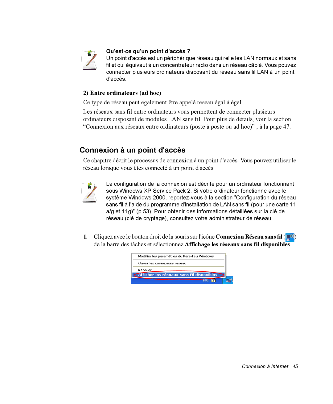 Samsung NP35PRT000/SEF, NP35TP0DUJ/SEF Connexion à un point daccès, Entre ordinateurs ad hoc, Quest-ce quun point daccès ? 