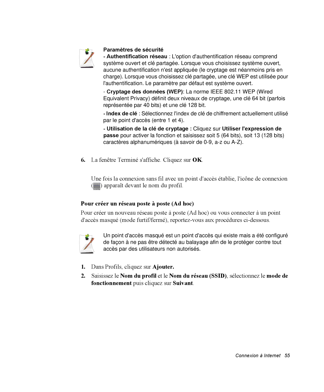 Samsung NP35PRT000/SEF, NP35TP0DUJ/SEF, NP35RP05S4/SEF Pour créer un réseau poste à poste Ad hoc, Paramètres de sécurité 