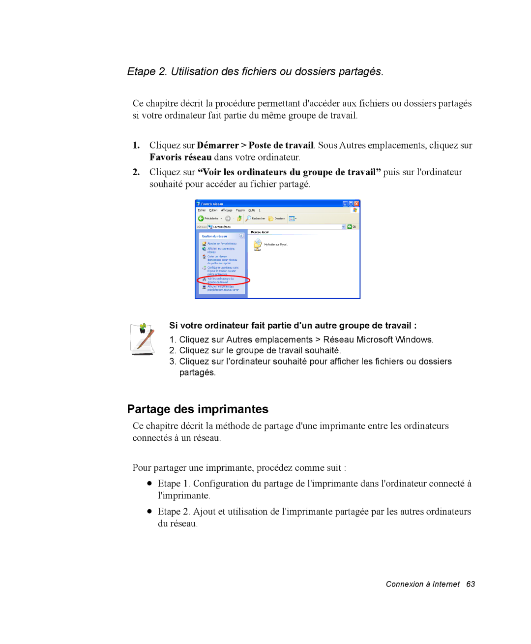 Samsung NP35RP05S4/SEF, NP35TP0DUJ/SEF Partage des imprimantes, Etape 2. Utilisation des fichiers ou dossiers partagés 