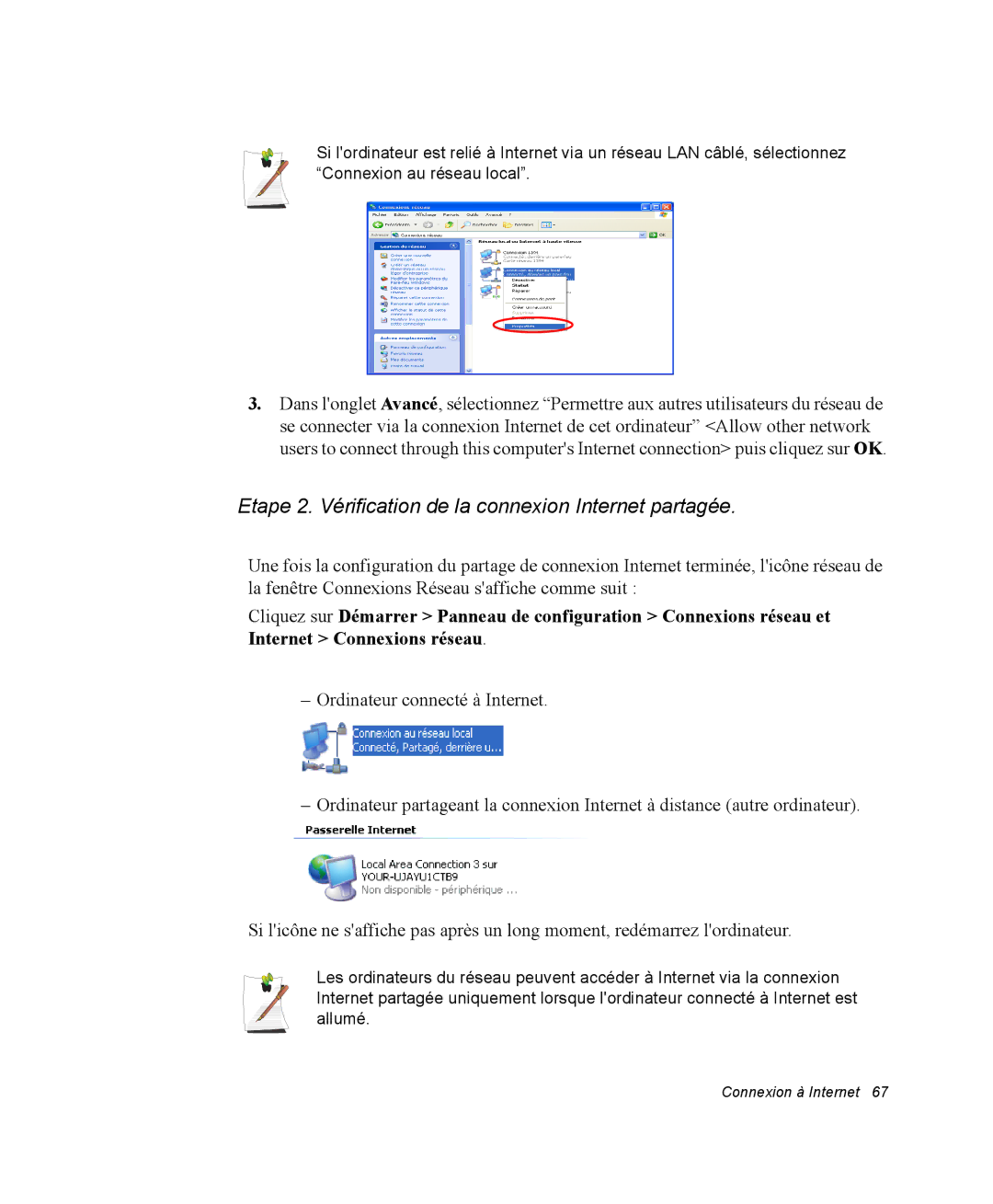 Samsung NP35TP0DUJ/SEF, NP35RP05S4/SEF, NP35PRT001/SEF manual Etape 2. Vérification de la connexion Internet partagée 