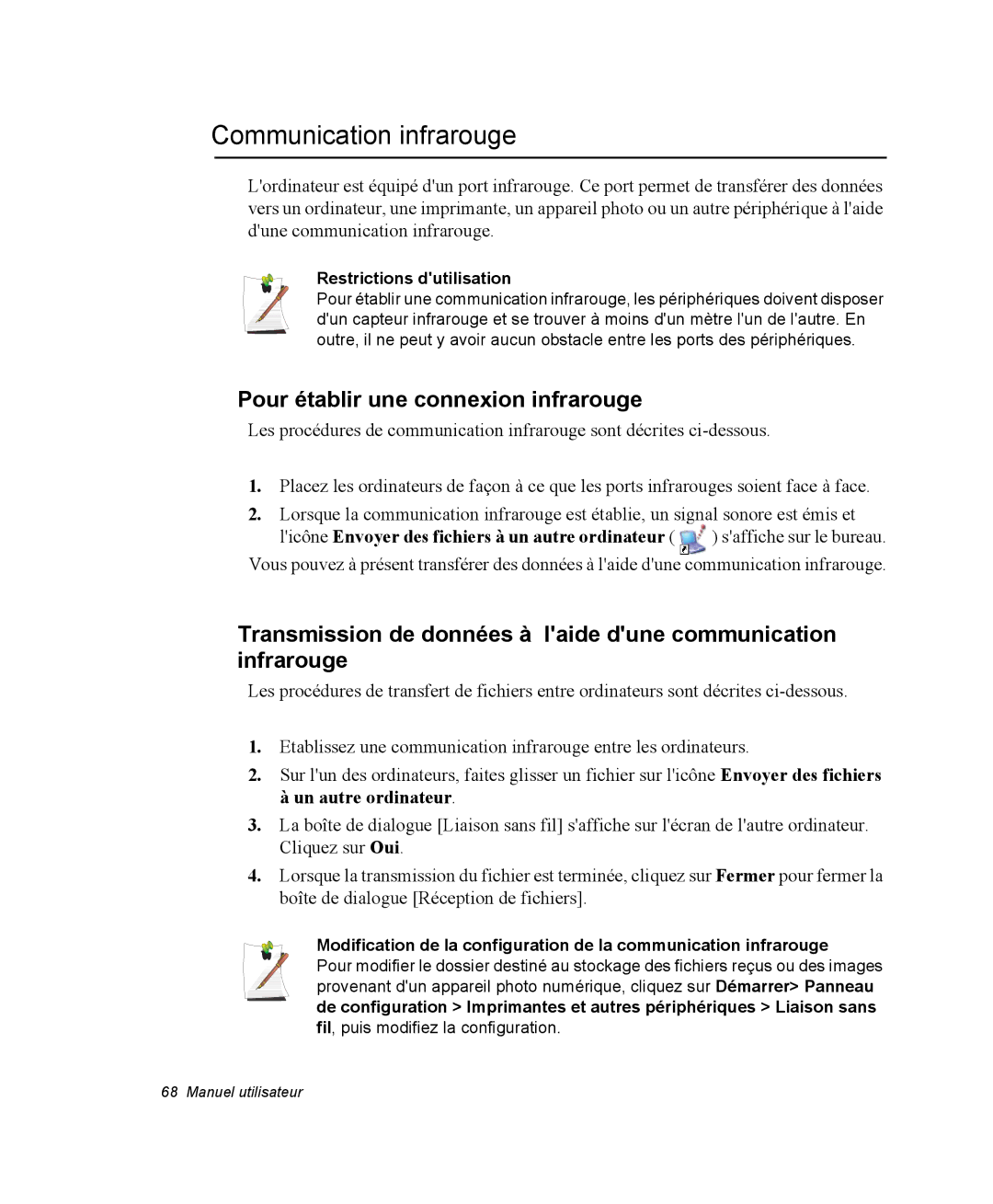 Samsung NP35RP05S4/SEF manual Communication infrarouge, Pour établir une connexion infrarouge, Restrictions dutilisation 