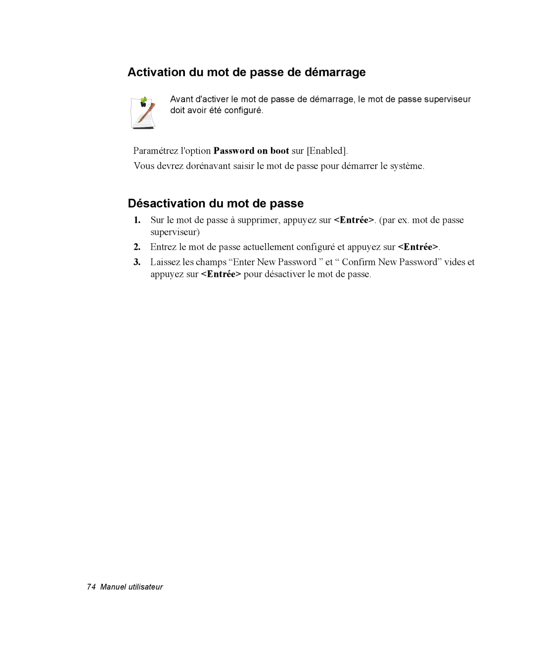 Samsung NP35PRT001/SEF, NP35TP0DUJ/SEF manual Activation du mot de passe de démarrage, Désactivation du mot de passe 