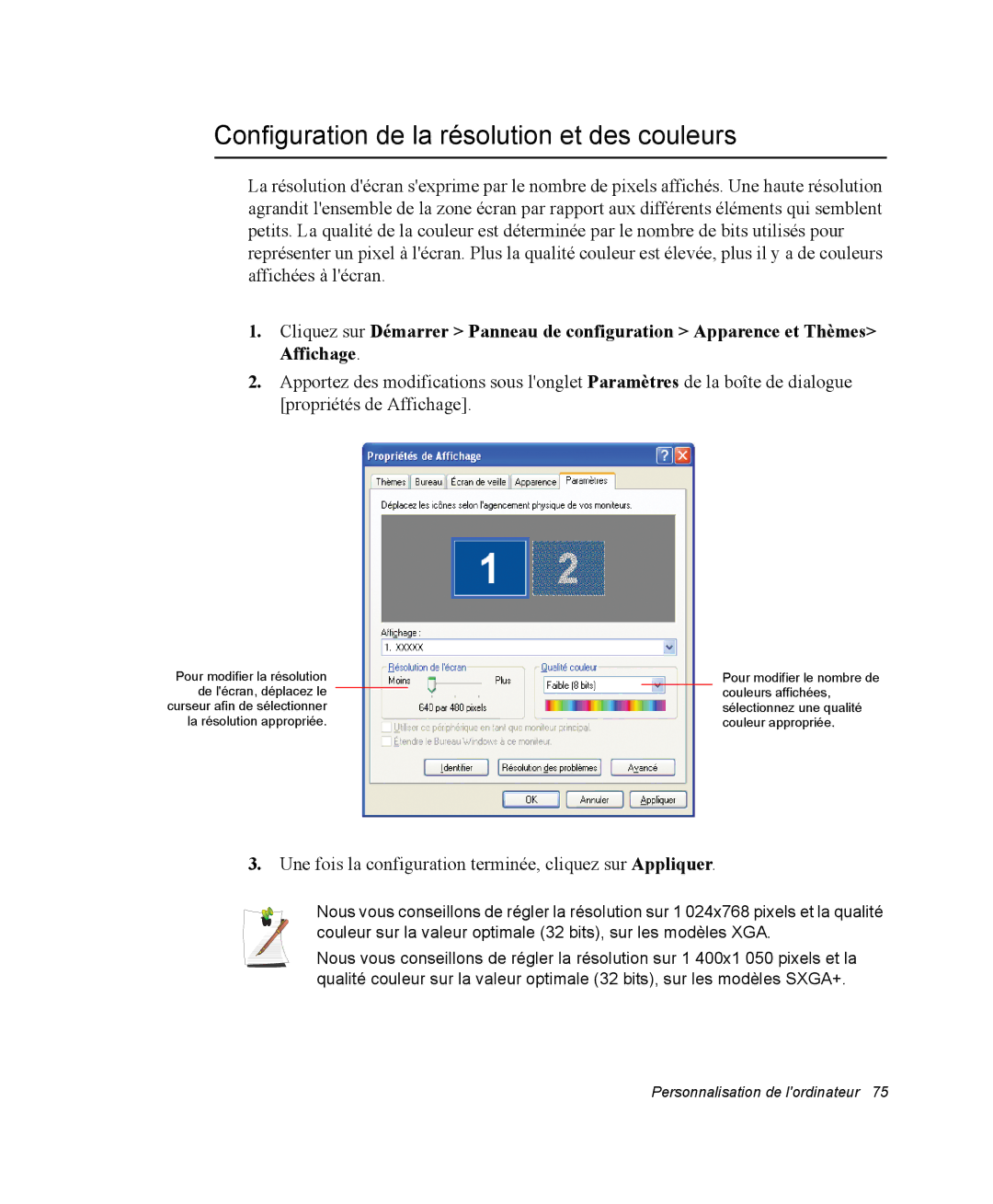 Samsung NP35PRT000/SEF, NP35TP0DUJ/SEF, NP35RP05S4/SEF, NP35PRT001/SEF manual Configuration de la résolution et des couleurs 