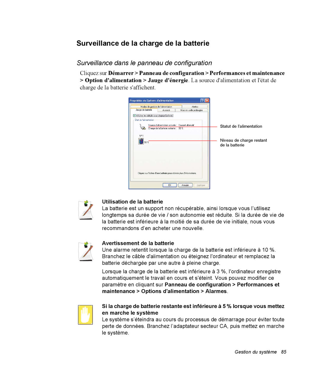 Samsung NP35PRT000/SEF manual Surveillance de la charge de la batterie, Surveillance dans le panneau de configuration 