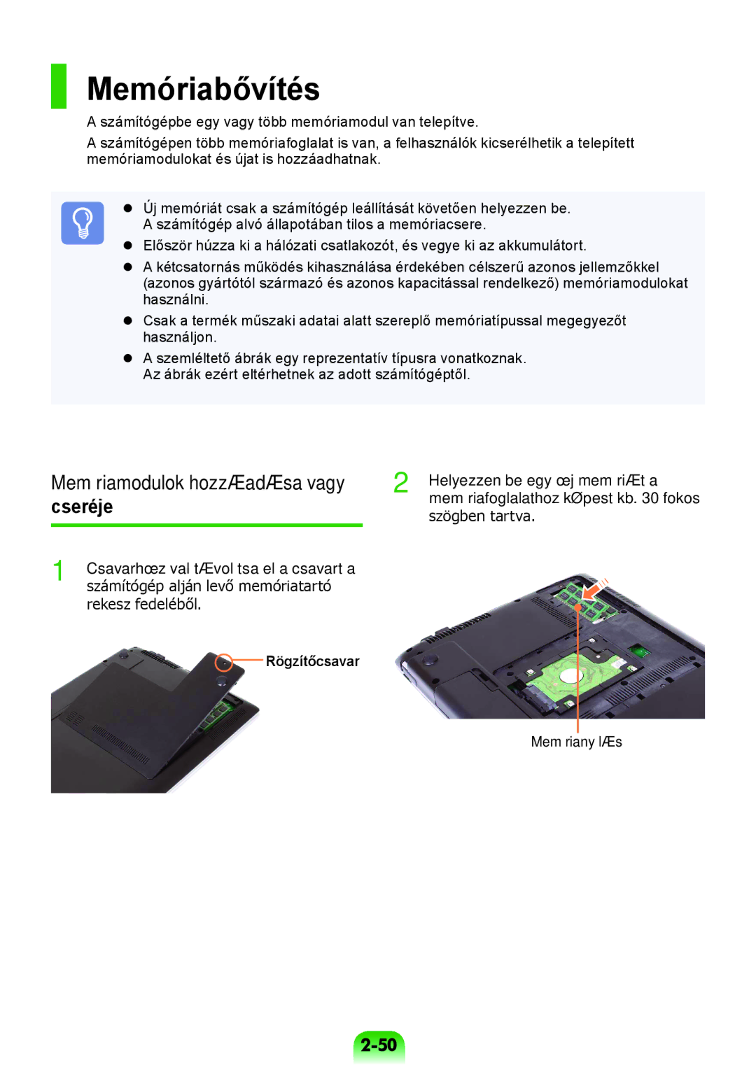 Samsung NP370R5V-S02HU manual Memóriabővítés, Memóriamodulok hozzáadása vagy cseréje, Rögzítőcsavar, Memórianyílás 