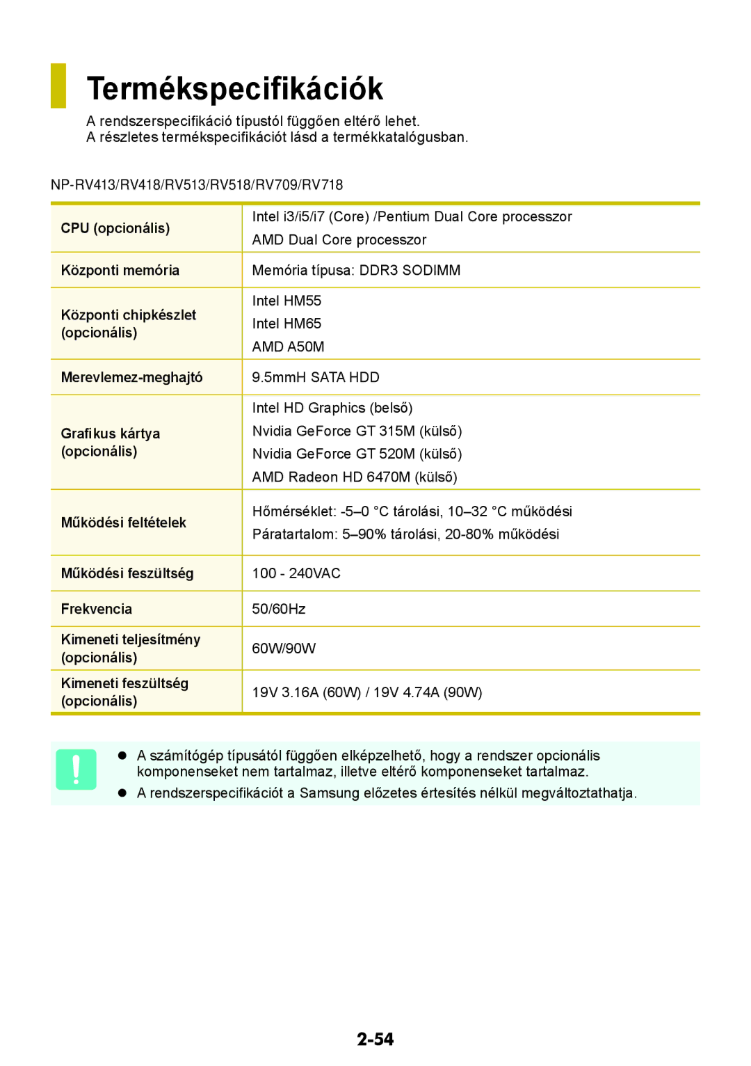 Samsung NP370R5V-S02HU, NP450R5V-X01HU, NP450R5V-X02HU, NP370R5V-S01HU manual Termékspecifikációk 