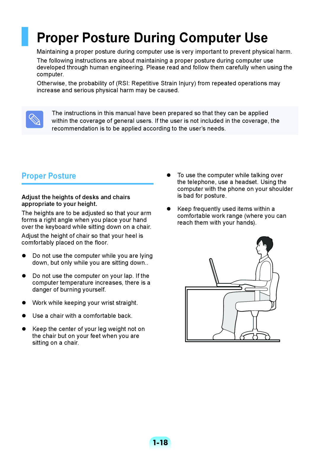 Samsung NP370R5V-S02HU, NP450R5V-X01HU, NP450R5V-X02HU, NP370R5V-S01HU manual Proper Posture During Computer Use 