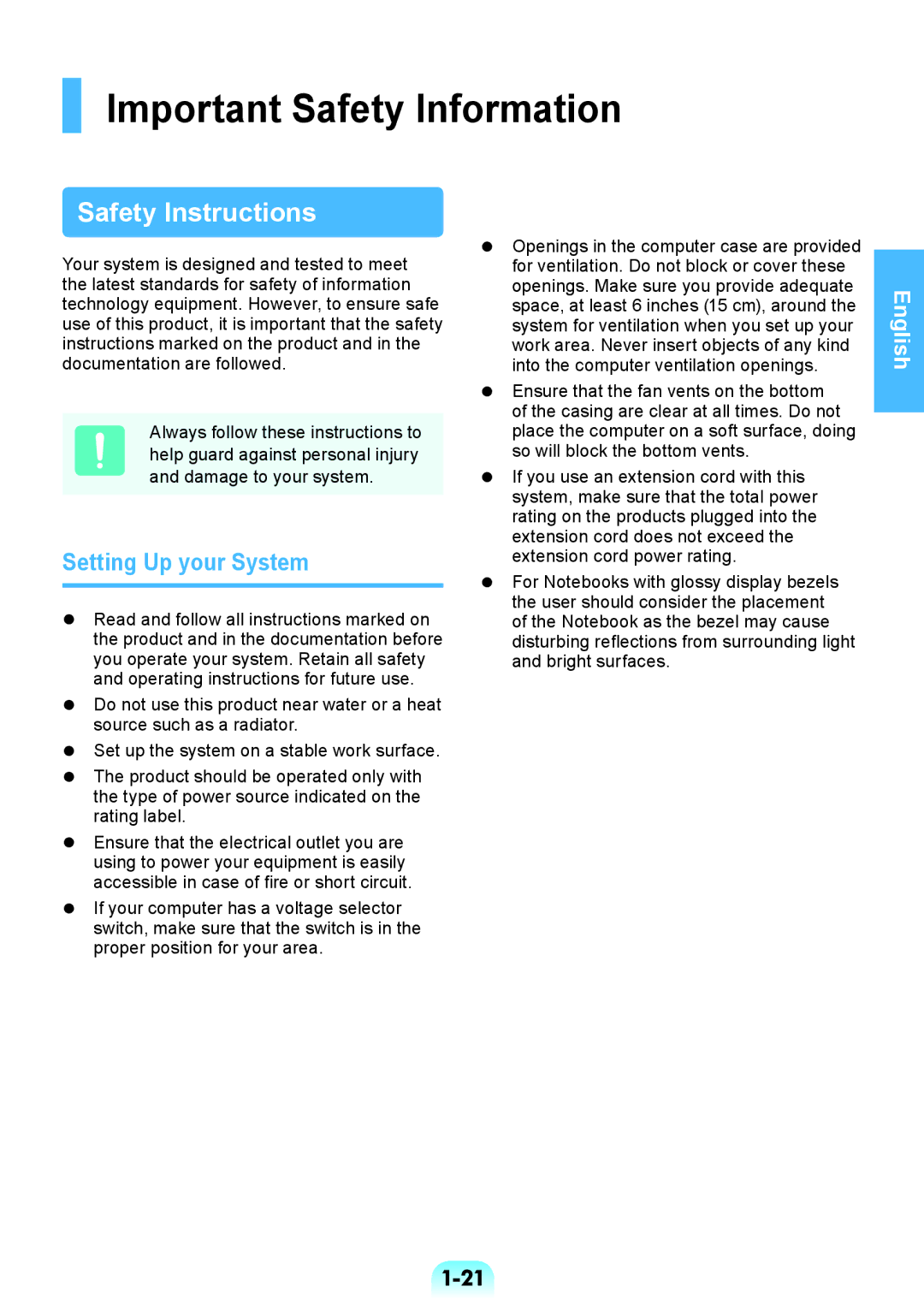 Samsung NP450R5V-X02HU, NP450R5V-X01HU manual Important Safety Information, Safety Instructions, Setting Up your System 